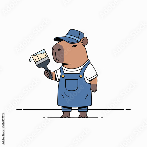 Playful capybara painter holding a paintbrush and palette in artistic outfit. Capybara design showcases character in blue overalls creating colorful artwork.