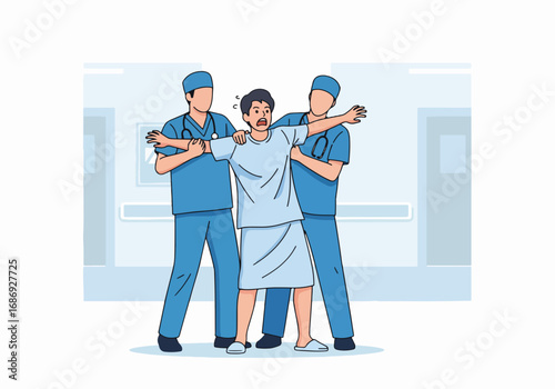 Medical professionals restraining patient in hospital setting during distressful situation. Two medical staff members are actively engaging with patient who appears agitated,