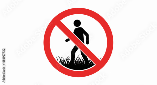 No walking on grass prohibition sign icon for outdoor areas, clear warning against stepping on grass displayed prominently. Prohibition sign concept for public parks or private properties.