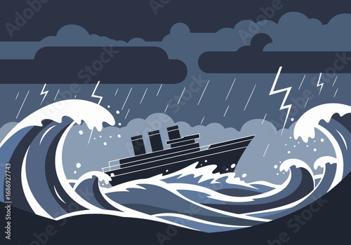 Dramatic ship battling stormy seas with waves, lightning, and dark clouds. Stormy weather creates a tense environment as ship navigates rough waters.