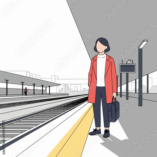 Minimalist illustration of person waiting at train station with suitcase on platform. Waiting at train station captures essence of travel and commuting in urban setting.
