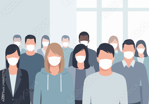 Diverse people wearing masks in modern indoor setting, gathering during health awareness campaign. Group represents community spirit and unity in response to global health challenges.