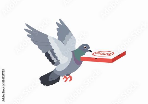 Pigeon delivering pizza box with fresh pizza during urban environment. Cute pigeon holds pizza box in mouth while flying high above city. Concept of unique delivery service and urban lifestyle.