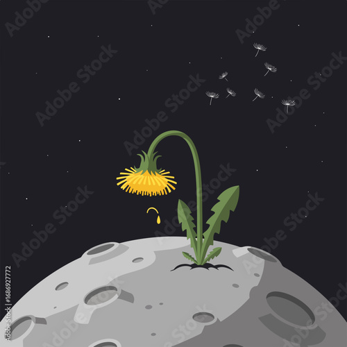 Sad dandelion flower on moon landscape with minimalist design and flat illustration style. Dandelion appears solitary on lunar surface, representing resilience in harsh environments.