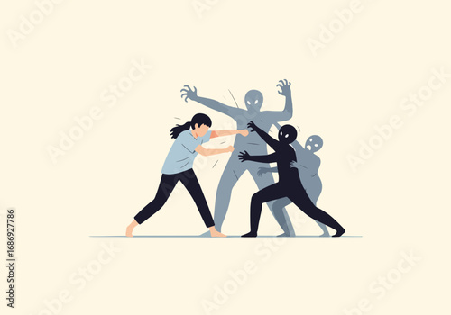 Person fighting against nightmares and shadows in a minimalistic illustration. Individual faces shadows and fears in a fierce confrontation. Concept of resilience and overcoming challenges in life.