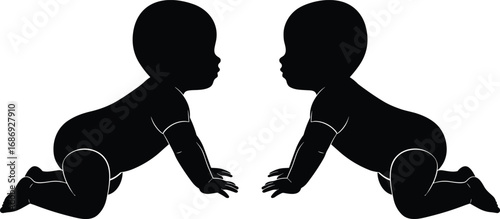 Twin baby silhouettes crawling face to face, toddler vector design for childcare, parenting, family, nursery art, and child development