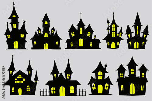 不気味な洋館のベクター素材 黒のシルエットデザインセット
