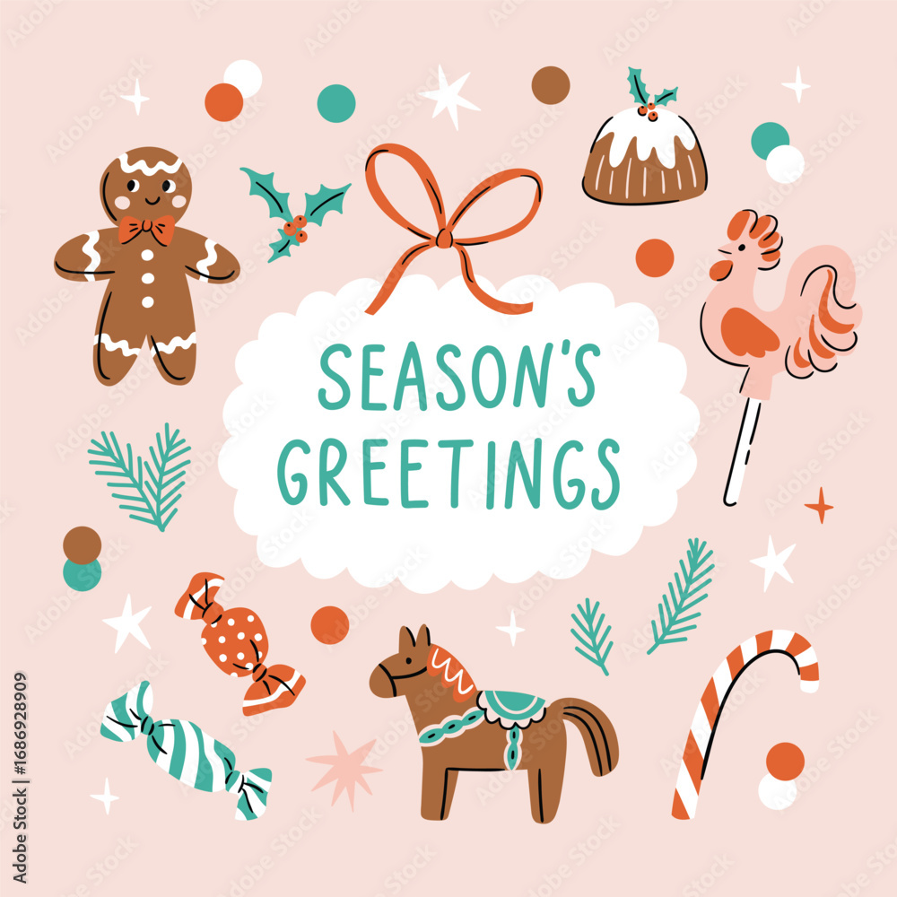 Naklejka premium Merry Christmas and Happy new year greeting card with christmas tree branches, sweets, bow and text - season's greetings. Festive artistic templates. Vector coquette illustration.