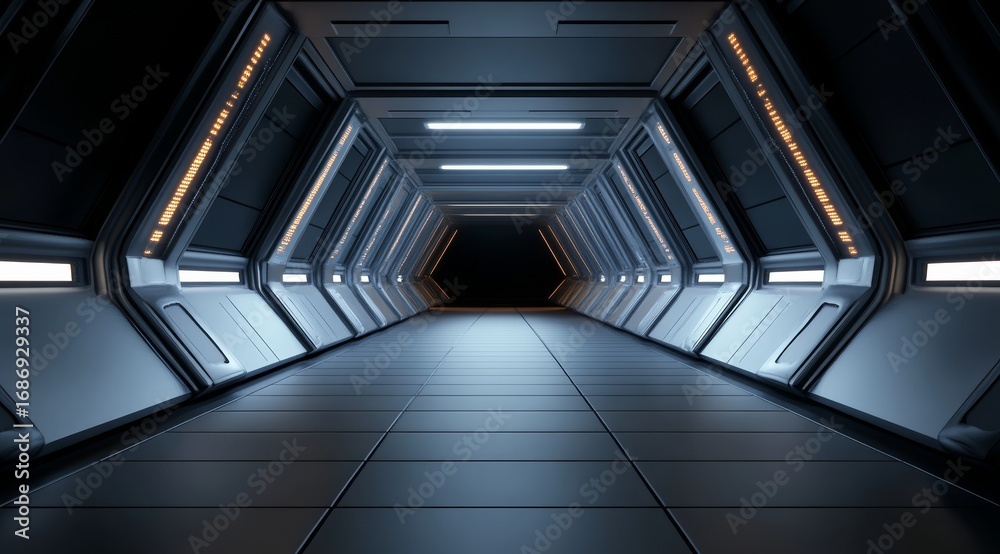 Obraz premium Futuristic Corridor with Illuminated Panels and Symmetrical Design
