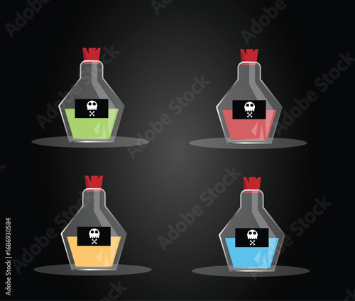 A Set of Magical Potion Bottles Flat Style Different Colors. Game elements and resources vector art