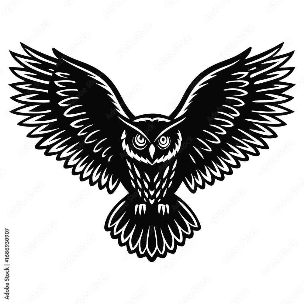 Obraz premium Stylized Black and White Illustration of a Majestic Owl in Flight with Spread Wings