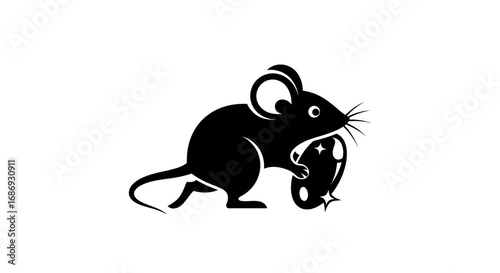 Stylized black silhouette of a mouse carrying a large gem.