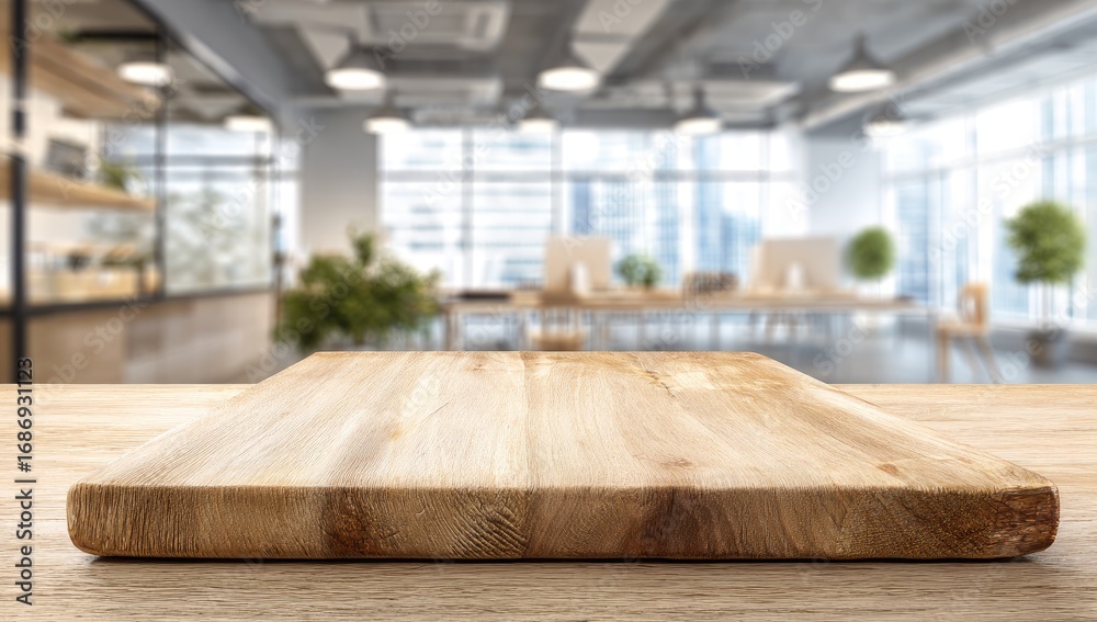 Naklejka premium Empty Wooden Table Top in Modern Office or Cafe Setting.