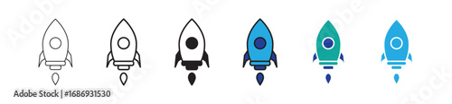 Rocket icon set. Business start up symbol. Rocket launching sign. Vector in flat and outline design style. Vector stock illustration.