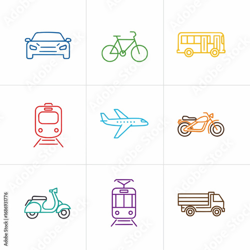 Illustrations depicting different modes of transportation, including car, bike, bus, train, airplane, motorcycle, scooter, tram, and truck icons in colorful minimalist style.