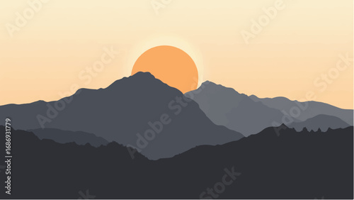 Beautiful Sunset Over Mountains. Illustration of Mountains Landscape with Sunset. 