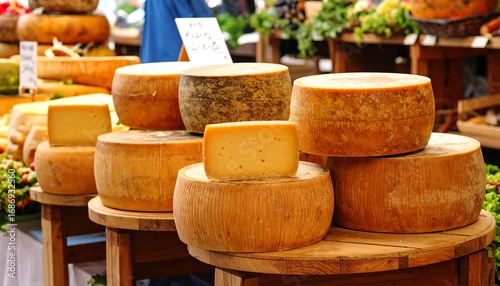 Stacks of round cheeses at a market stall