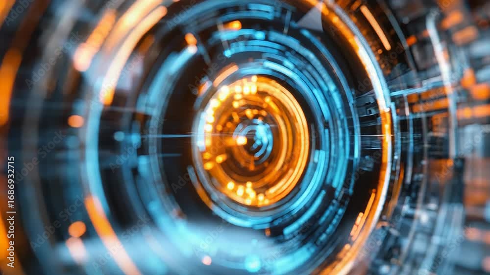 Futuristic technological tunnel rotating with digital data flowing