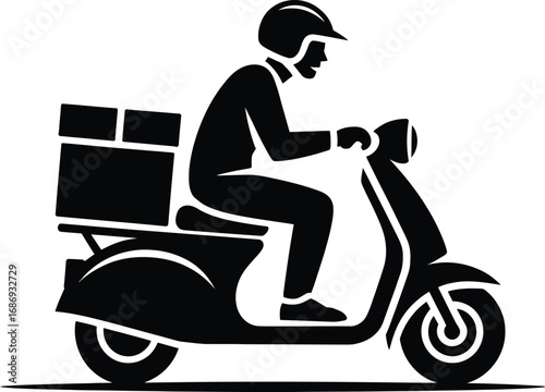 Black and White Delivery Icon Depicting Scooter Courier Transportation and Express Service with Package Delivering Convenience and Modern Lifestyle Symbolizing Urban Mobility and Efficient Logistics