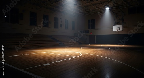Empty basketball court with night spotlight.