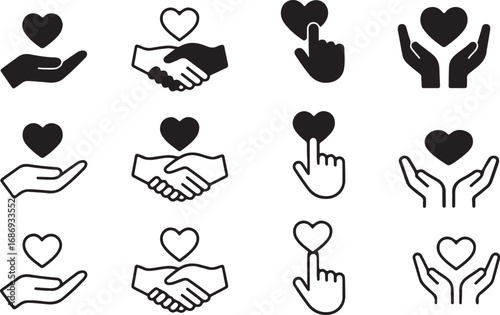 Diverse depictions of love and support are showcased through a collection of twelve distinct black and white heart and hand icons, symbolizing generosity, kindness and affection