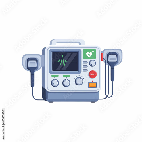 Illustration of a Modern Defibrillator with Electrodes and Heart Monitor Display