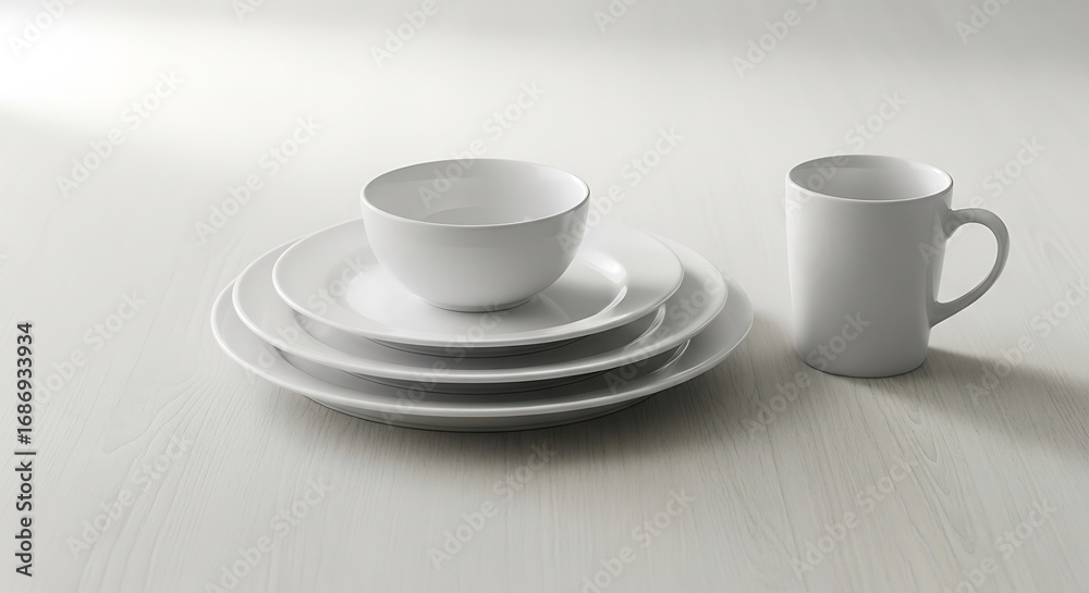 Fototapeta premium Minimalist white tableware: plates, bowl, and mug on a textured white surface