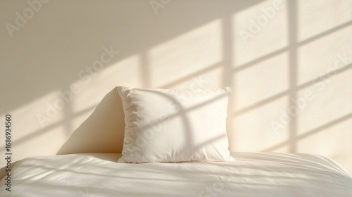 Soft White Pillow on Minimalist Bed with Gentle Shadow Play