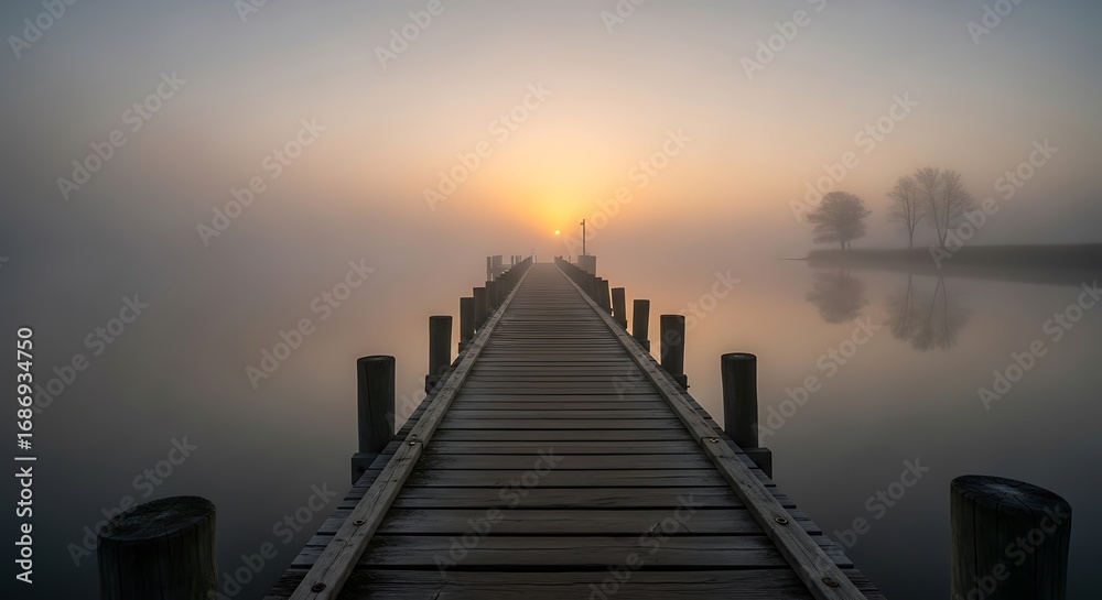 Fototapeta premium Misty Sunrise on a Wooden Pier Extending into a Calm Lake