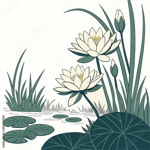 Elegant white water lilies bloom with lily pads and reeds in a serene pond illustration