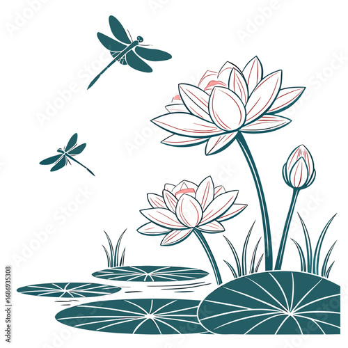 Stylized illustration of blooming lotus flowers and dragonflies hovering over lily pads in serene water