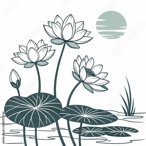 Stylized illustration of blooming lotus flowers and lily pads in calm water under a serene moon