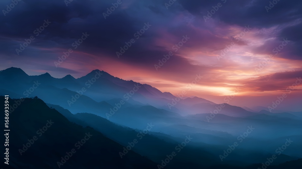Fototapeta premium Majestic mountain range illuminated by a vibrant sunrise with layers of mist creating depth and atmospheric haze