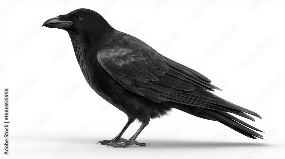 Obraz premium 3D raven bird sitting, smooth minimal design, clipart on white background