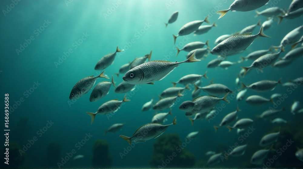Obraz premium School of shimmering fish gracefully swim through sunlit turquoise ocean depths