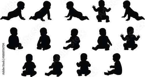 Baby silhouette set, infant crawling and sitting poses illustration, toddler growth and development stages, child activity vector, early childhood progress