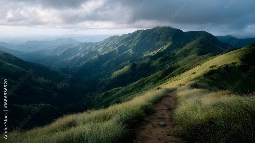 Obraz premium A winding mountain path through green hills during golden hour with dramatic lighting and atmospheric clouds