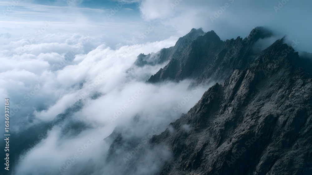 Fototapeta premium Aerial view of rugged mountain peaks shrouded in dramatic clouds