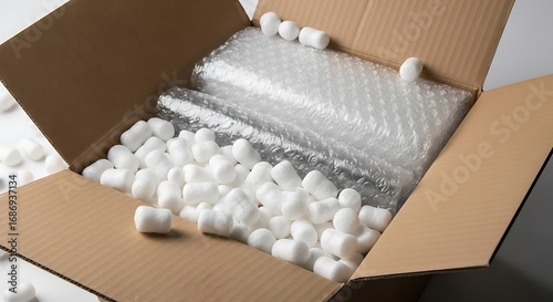 Open Cardboard Box Filled with Packing Peanuts and Bubble Wrap