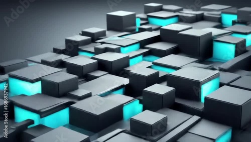 an abstract composition consisting of an arrangement of shiny cubes, as if forming a futuristic landscape or complex data structure.