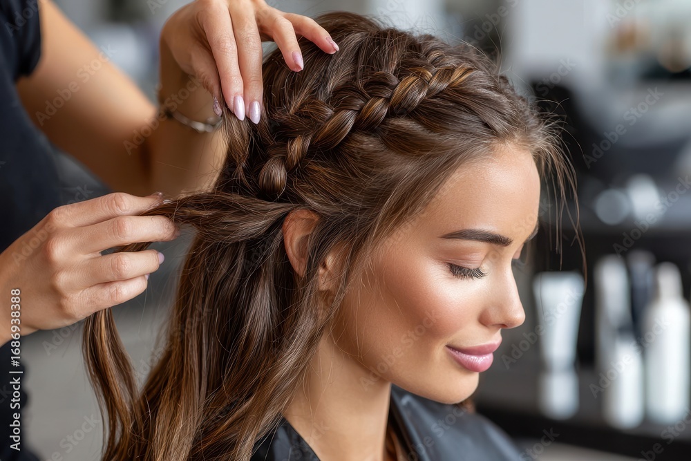 Fototapeta premium Hairstyling session featuring a woman with beautiful braids at a modern salon