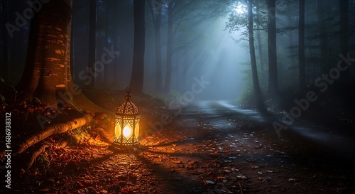 Ornate lantern illuminates misty forest path, casting warm glow on fallen leaves near a large tree