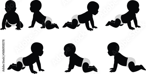 Baby crawling silhouette set, infant movement and growth stages illustration, child development concept, toddler activity sequence, early childhood progress vector