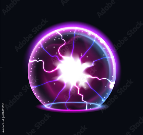 3D sphere. Glowing protective shield. Electric light spackles. Neon energy flash dome. Geometric round shape. Abstract circle bubble. Iridescent orb. Purple aura shine. Vector futuristic ball element
