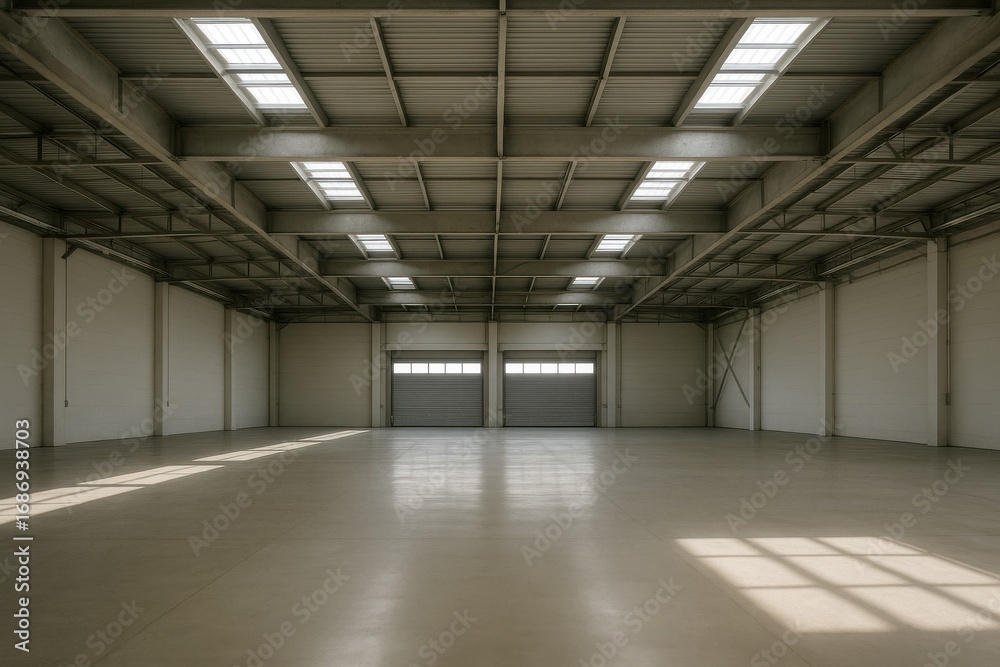 Obraz premium Empty modern warehouse interior with concrete floor, high ceiling and skylights, spacious industrial storage hall with closed shutter doors and natural daylight.