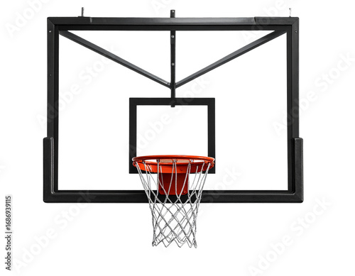 A modern indoor basketball hoop mounted on a glass backboard, isolated on transparent