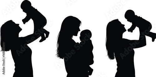 Black silhouette vector set of adults holding babies in loving poses, symbolizing parenthood, care, affection, family bond, and nurturing relationships
