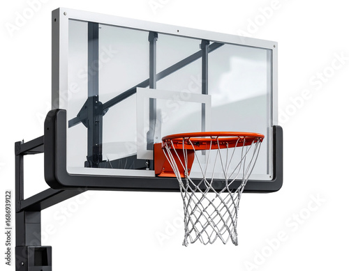 A modern indoor basketball hoop mounted on a glass backboard, isolated on transparent  