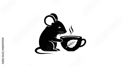 Charming black mouse silhouette enjoying a steaming cup of tea.