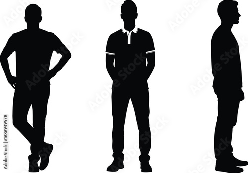 Black silhouette vector set of casually dressed people in various standing poses, showcasing posture, style, and human body design reference